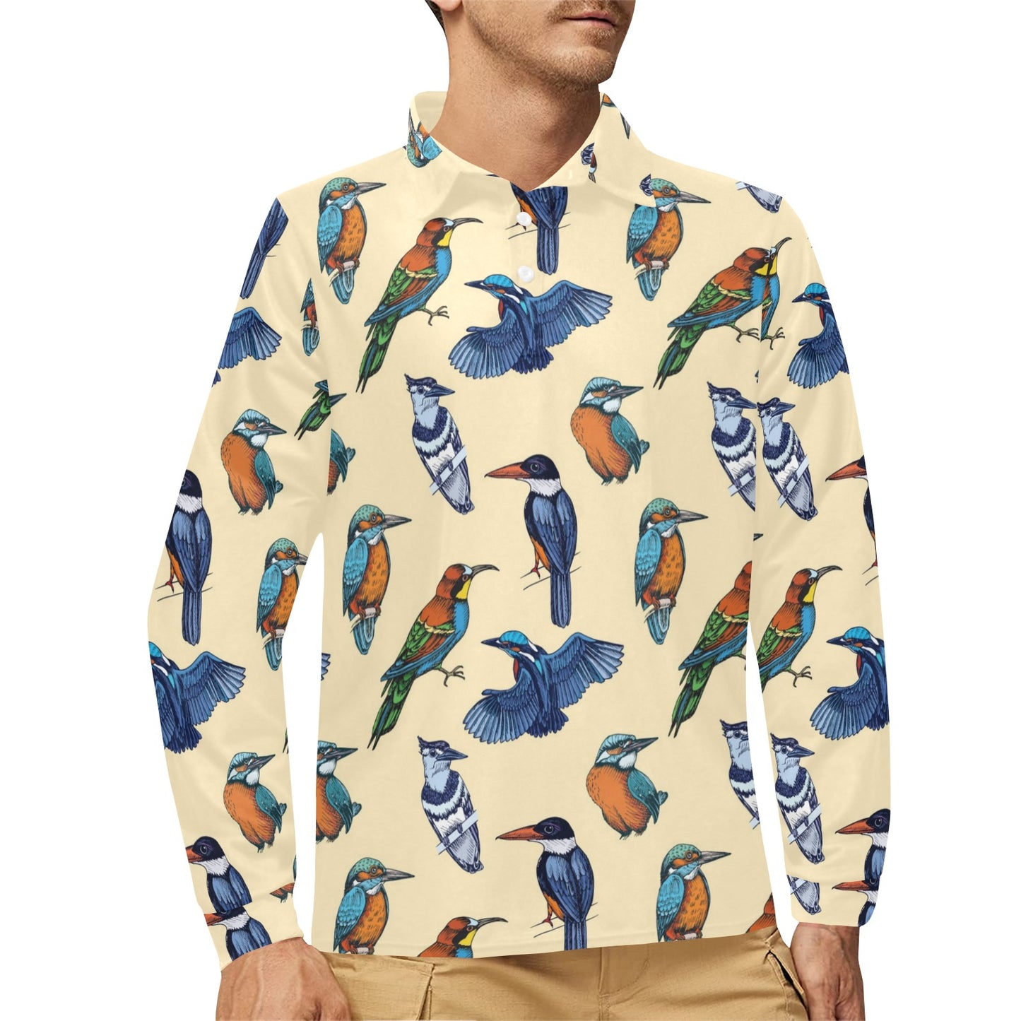 Kingfisher Bird Pattern Print Design 04 Long Sleeve Polo Shirt For Men's
