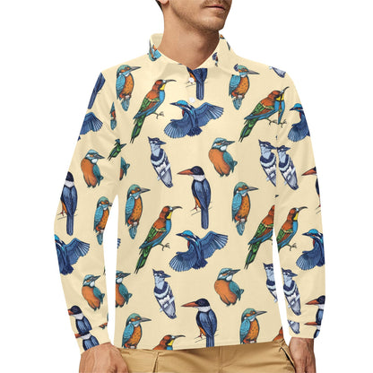 Kingfisher Bird Pattern Print Design 04 Long Sleeve Polo Shirt For Men's
