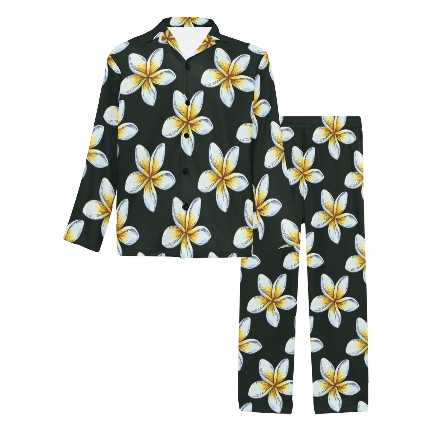 White Plumeria Pattern Print Design PM022 Men's Long Pajama Set