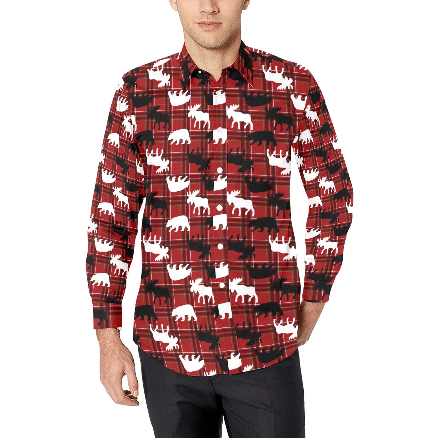 Moose Print Design LKS401 Men's Long Sleeve Dress Shirt