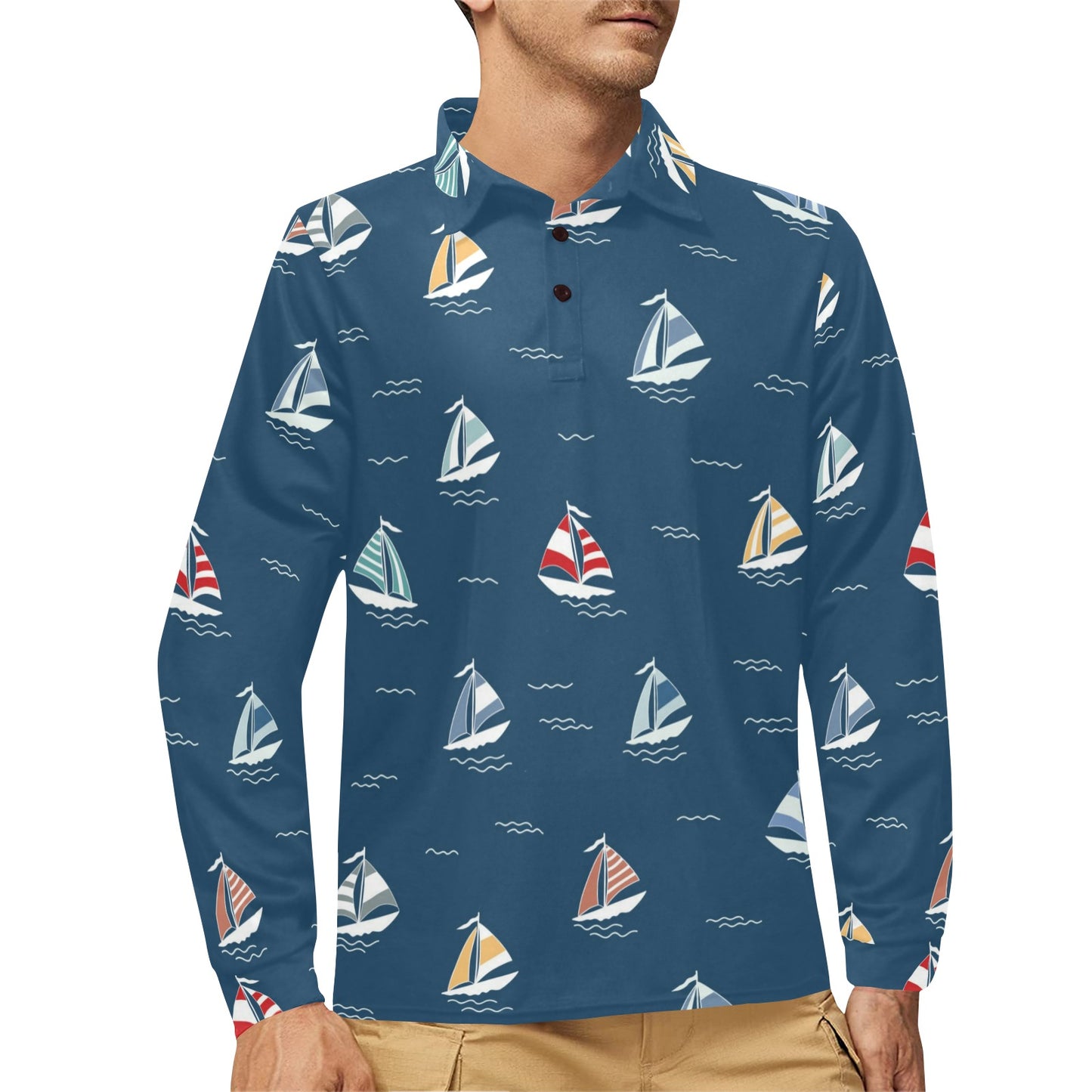 Sailing Ships Pattern Print Design A02 Long Sleeve Polo Shirt For Men's