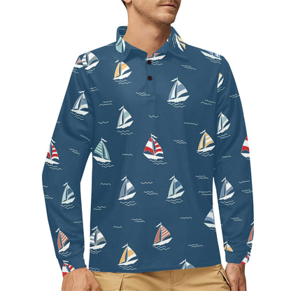 Sailing Ships Pattern Print Design A02 Long Sleeve Polo Shirt For Men's