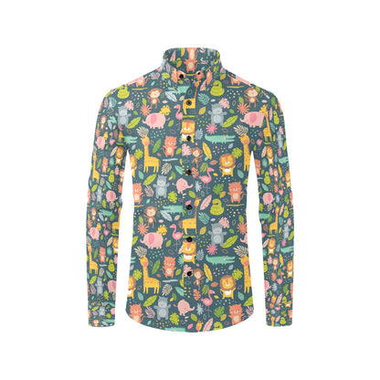 Safari Animal Cartoon Print Design LKS305 Men's Long Sleeve Dress Shirt