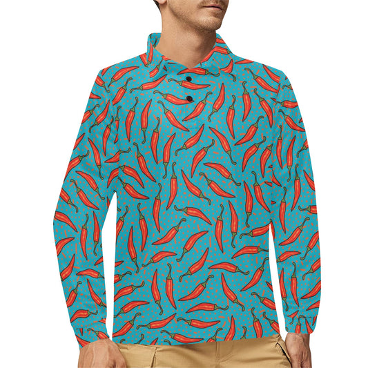 Chilli Pepper Pattern Print Design 05 Long Sleeve Polo Shirt For Men's