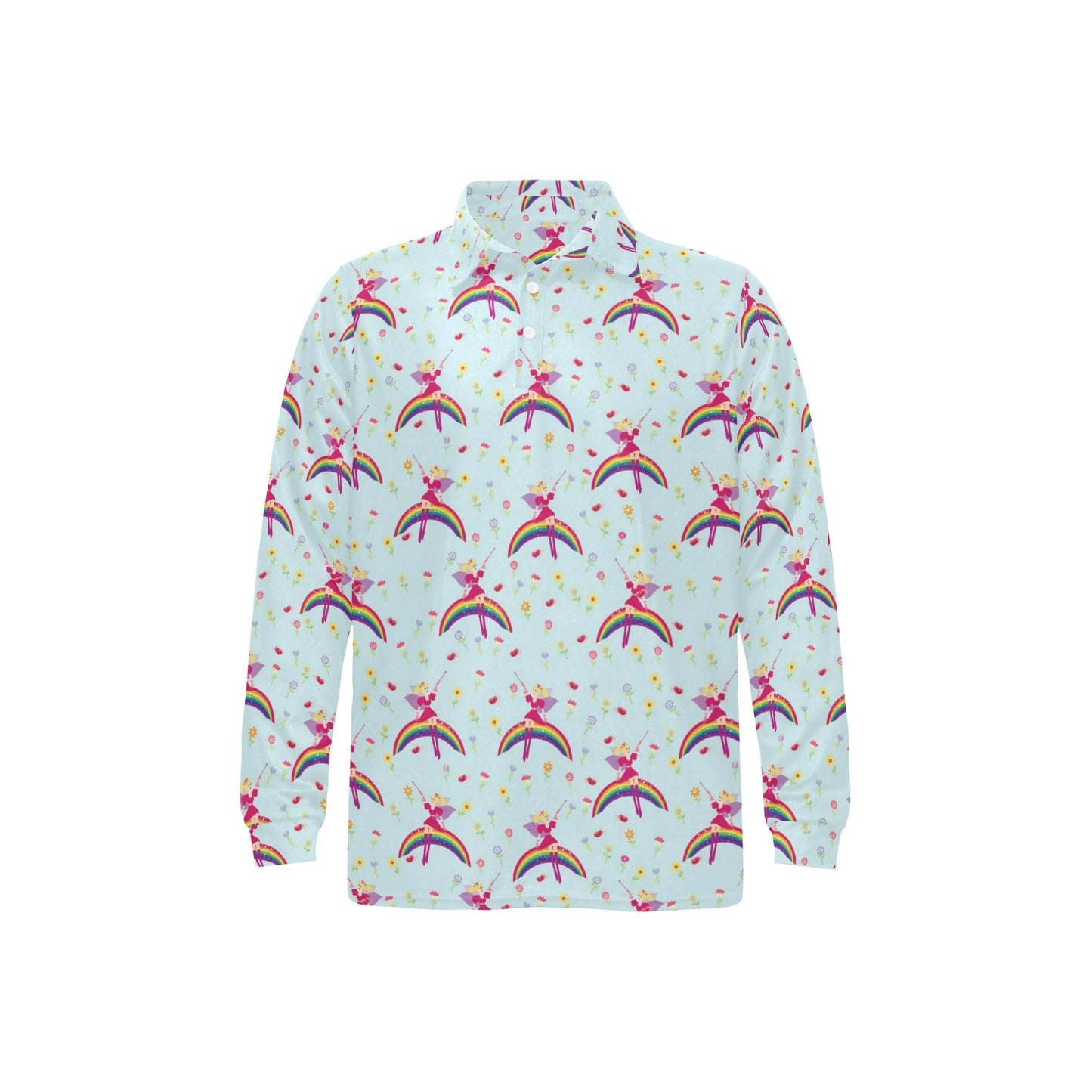 Fairy with Rainbow Print Pattern Long Sleeve Polo Shirt For Men's