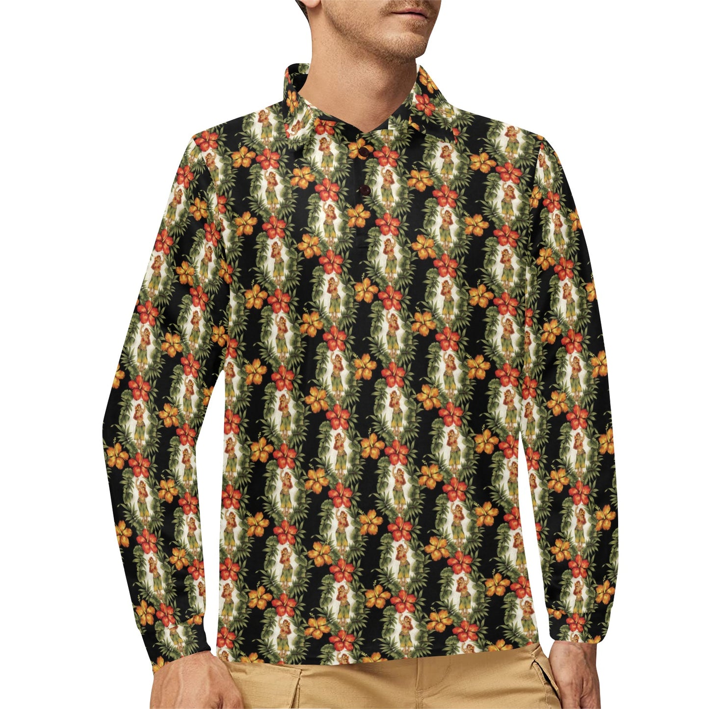 Hawaiian Flower Hula Hibiscus Print Long Sleeve Polo Shirt For Men's