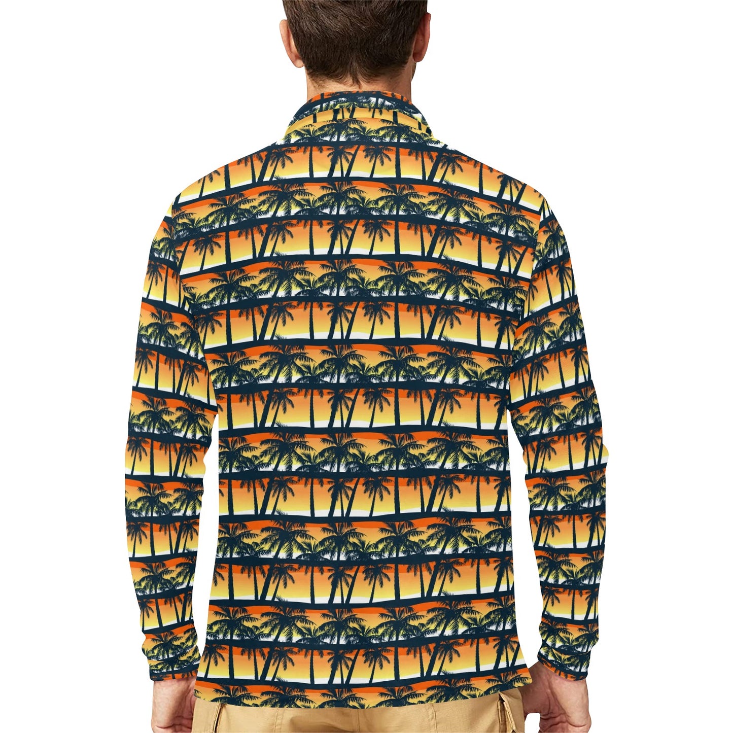 Palm Tree Sunset Design Print Long Sleeve Polo Shirt For Men's
