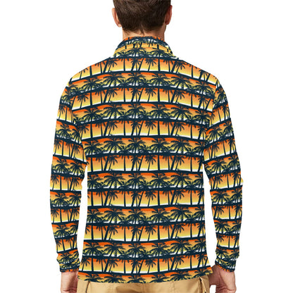 Palm Tree Sunset Design Print Long Sleeve Polo Shirt For Men's