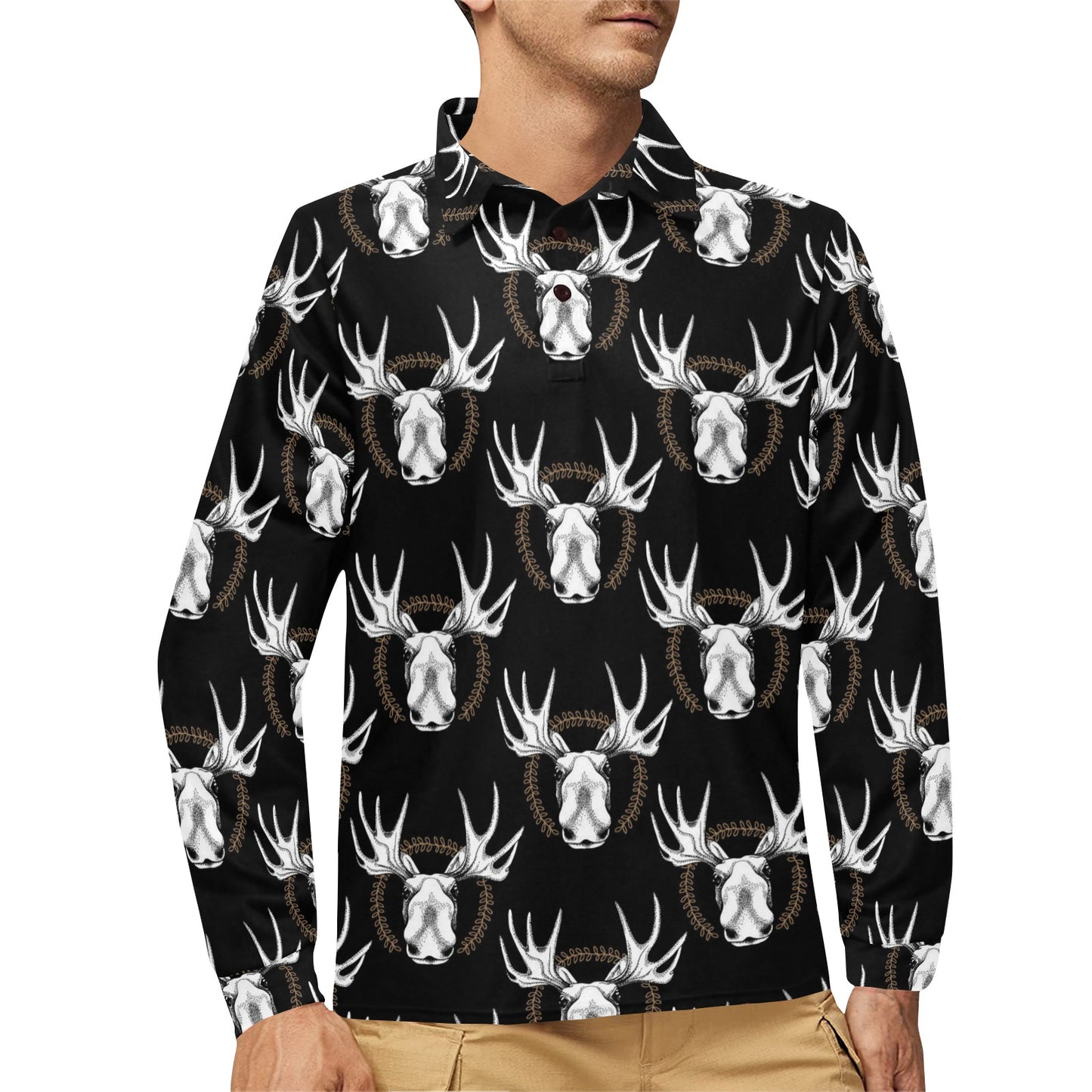 Moose Pattern Print Design 02 Long Sleeve Polo Shirt For Men's