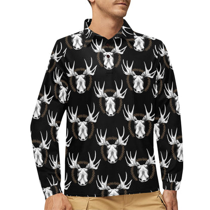 Moose Pattern Print Design 02 Long Sleeve Polo Shirt For Men's