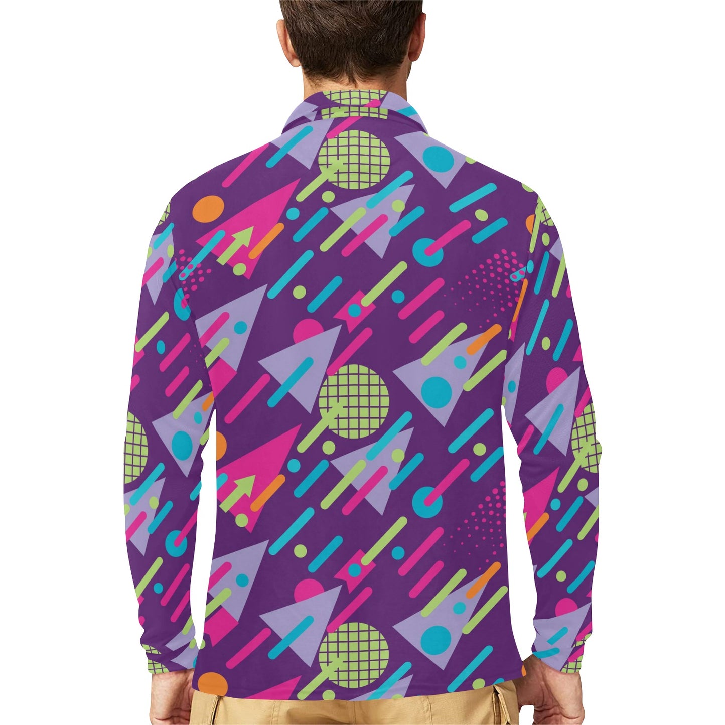 90s Pattern Print Design 4 Long Sleeve Polo Shirt For Men's