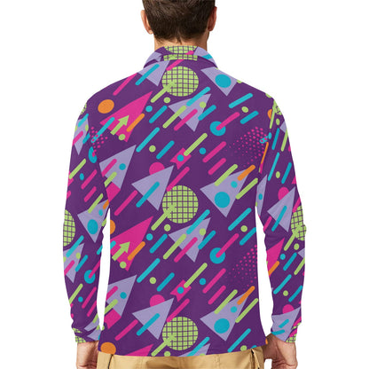 90s Pattern Print Design 4 Long Sleeve Polo Shirt For Men's