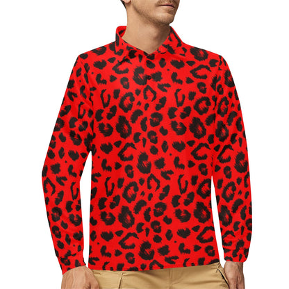 Leopard Red Skin Print Long Sleeve Polo Shirt For Men's