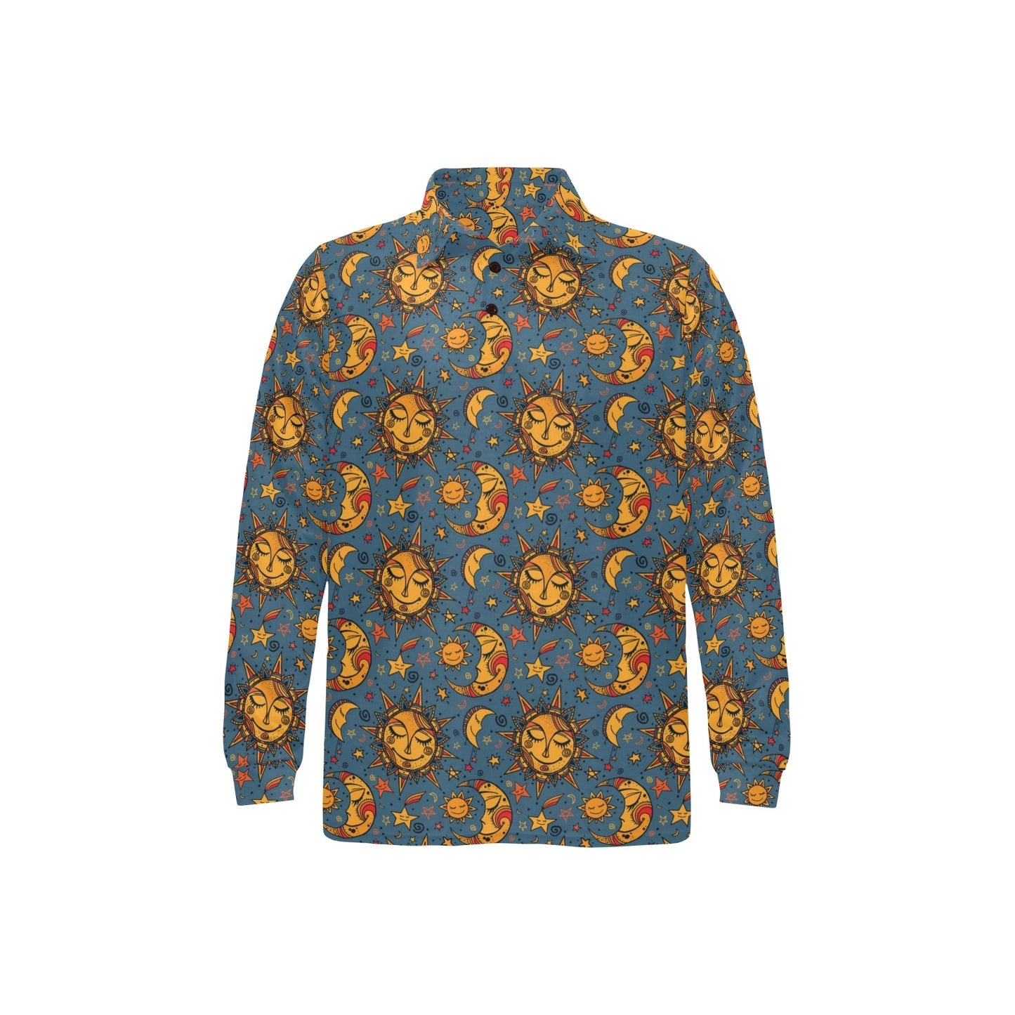 Celestial Moon Sun Pattern Print Design 02 Long Sleeve Polo Shirt For Men's