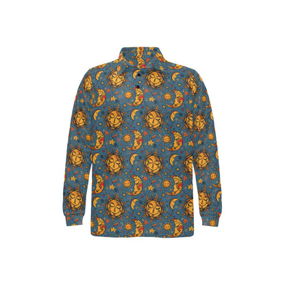 Celestial Moon Sun Pattern Print Design 02 Long Sleeve Polo Shirt For Men's
