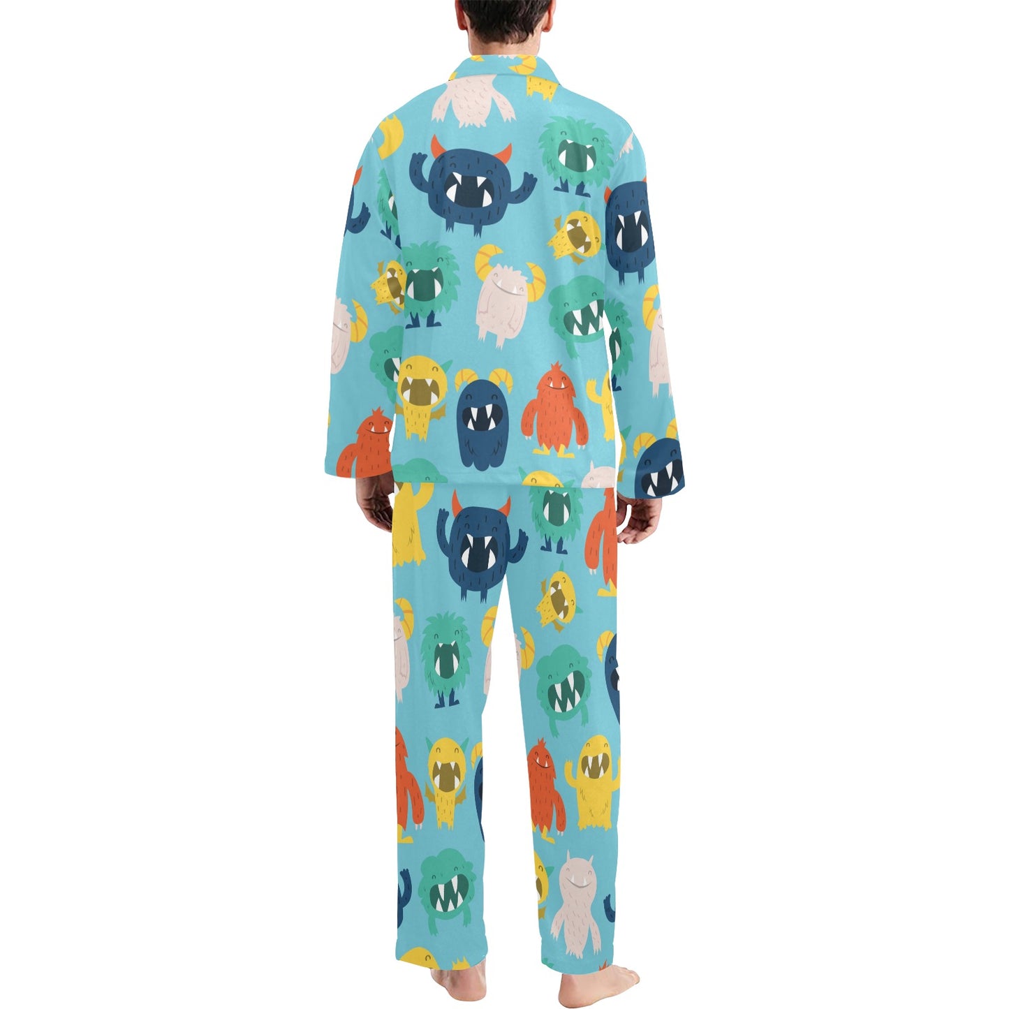 Monster Cartoon Pattern Print Design 03 Men's Long Pajama Set