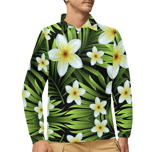 White Plumeria Pattern Print Design PM06 Long Sleeve Polo Shirt For Men's