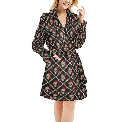 Skull Roses Bone Design Themed Print Women's Fleece Robe
