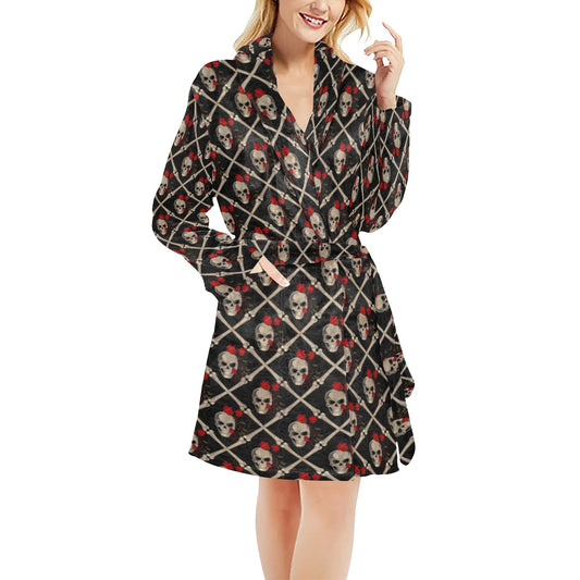 Skull Roses Bone Design Themed Print Women's Fleece Robe