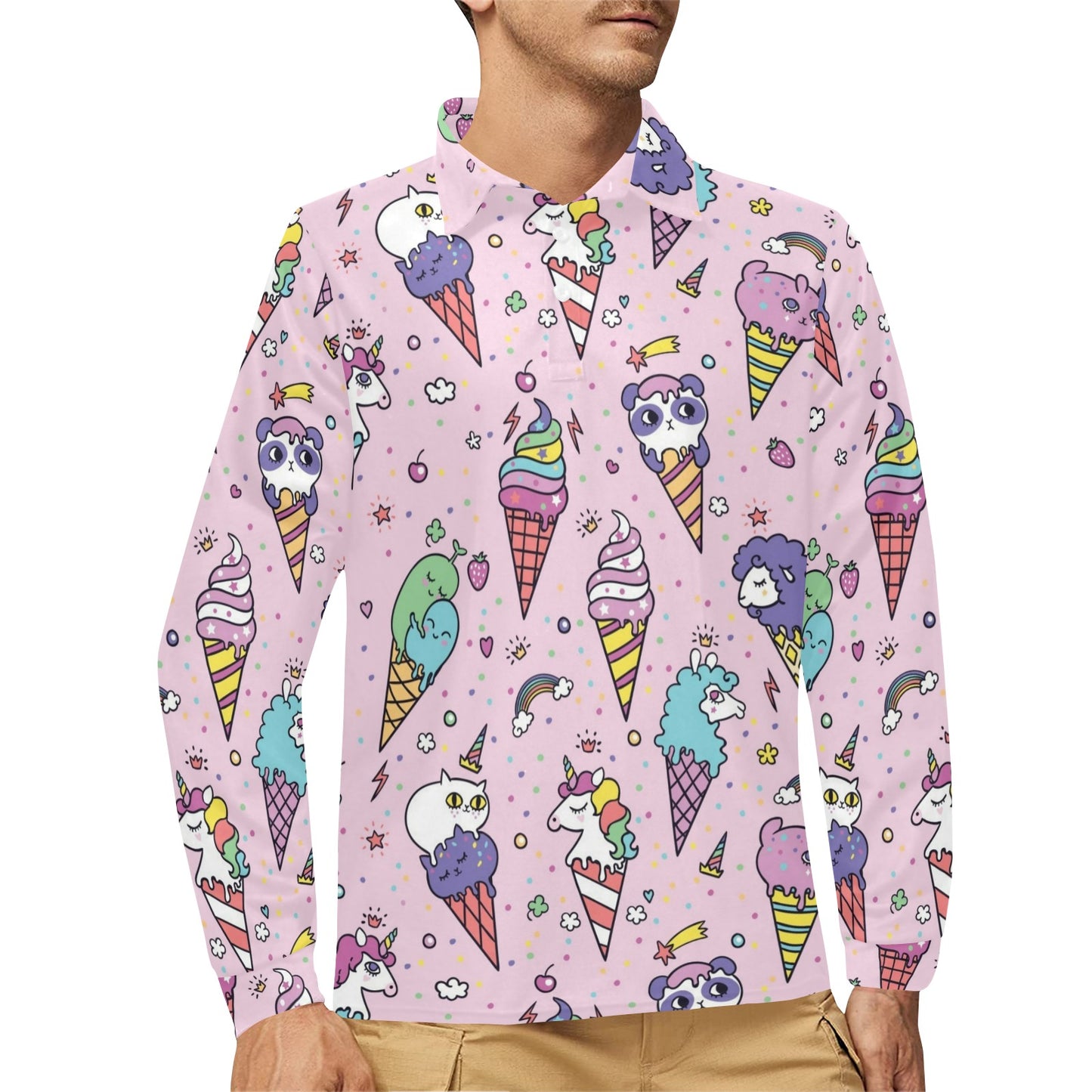 Ice Cream Pattern Print Design IC05 Long Sleeve Polo Shirt For Men's