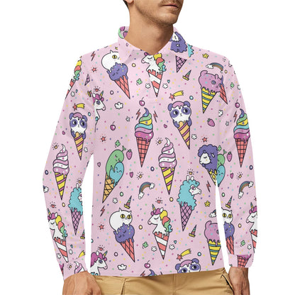 Ice Cream Pattern Print Design IC05 Long Sleeve Polo Shirt For Men's