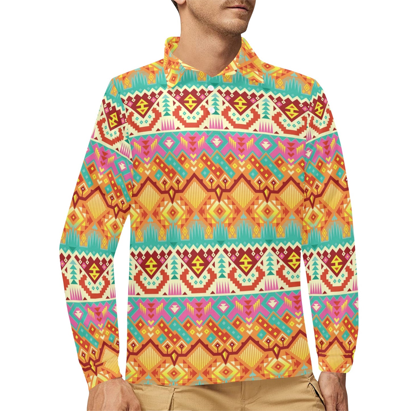 Aztec Pattern Print Design 03 Long Sleeve Polo Shirt For Men's