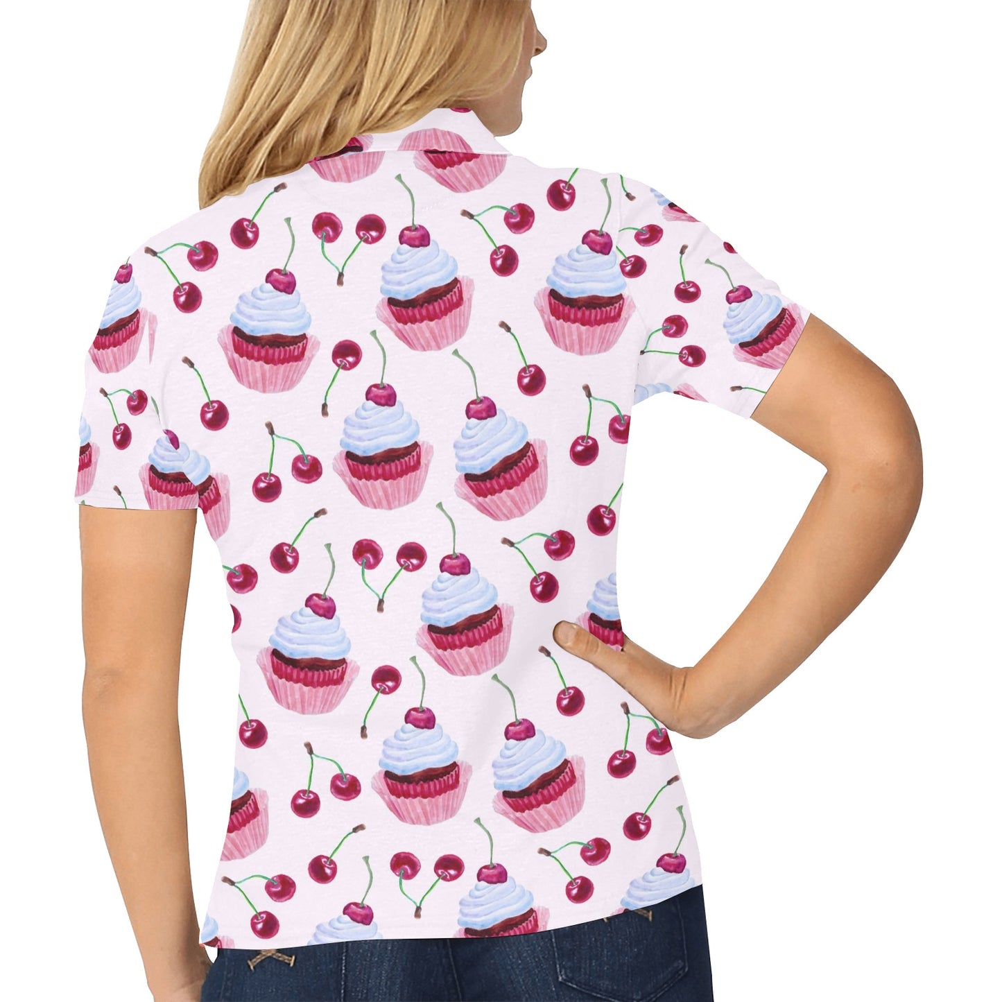 Cherry Cupcake Pink Pattern Women's Polo Shirt
