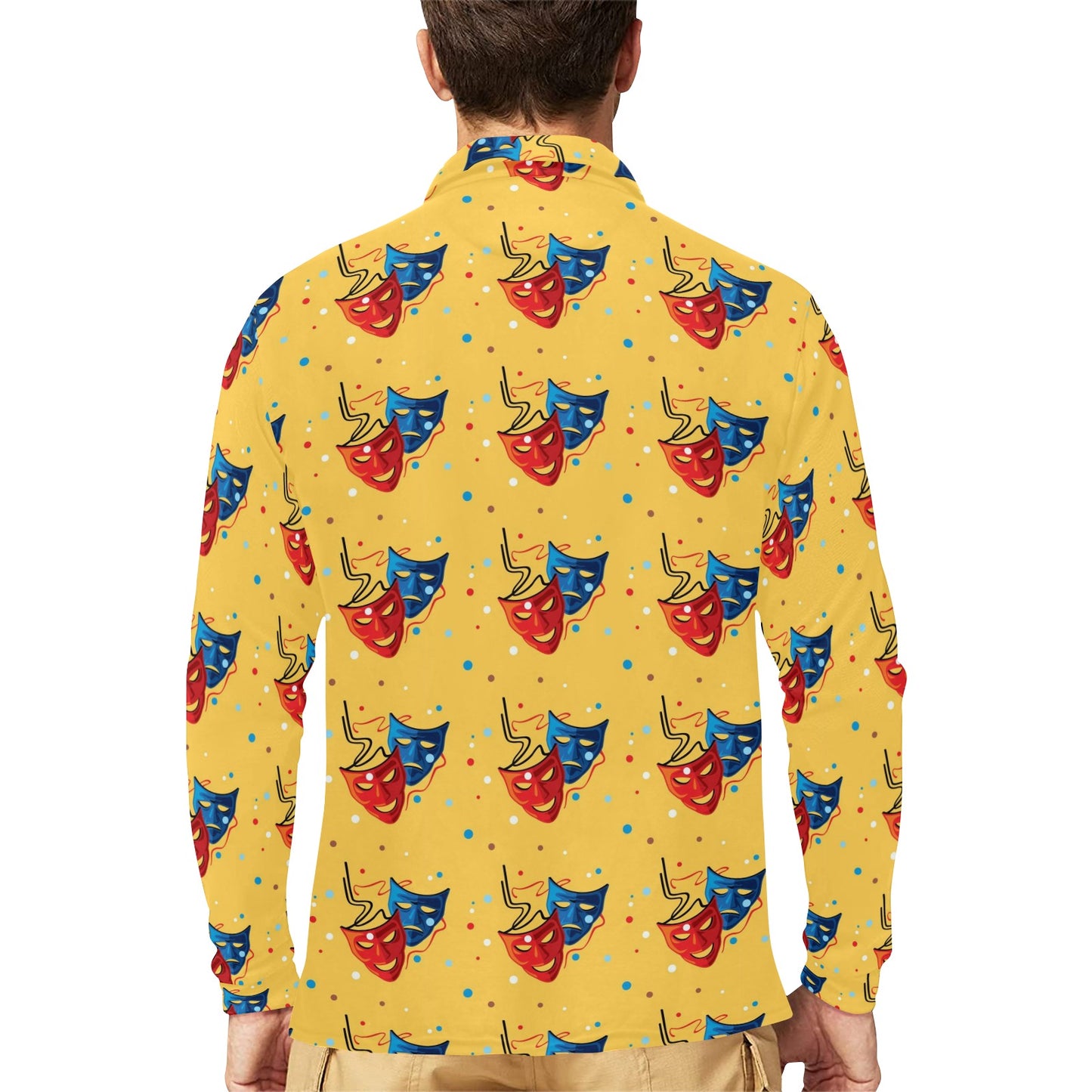 Acting Mask Pattern Print Design 02 Long Sleeve Polo Shirt For Men's