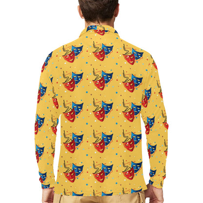 Acting Mask Pattern Print Design 02 Long Sleeve Polo Shirt For Men's