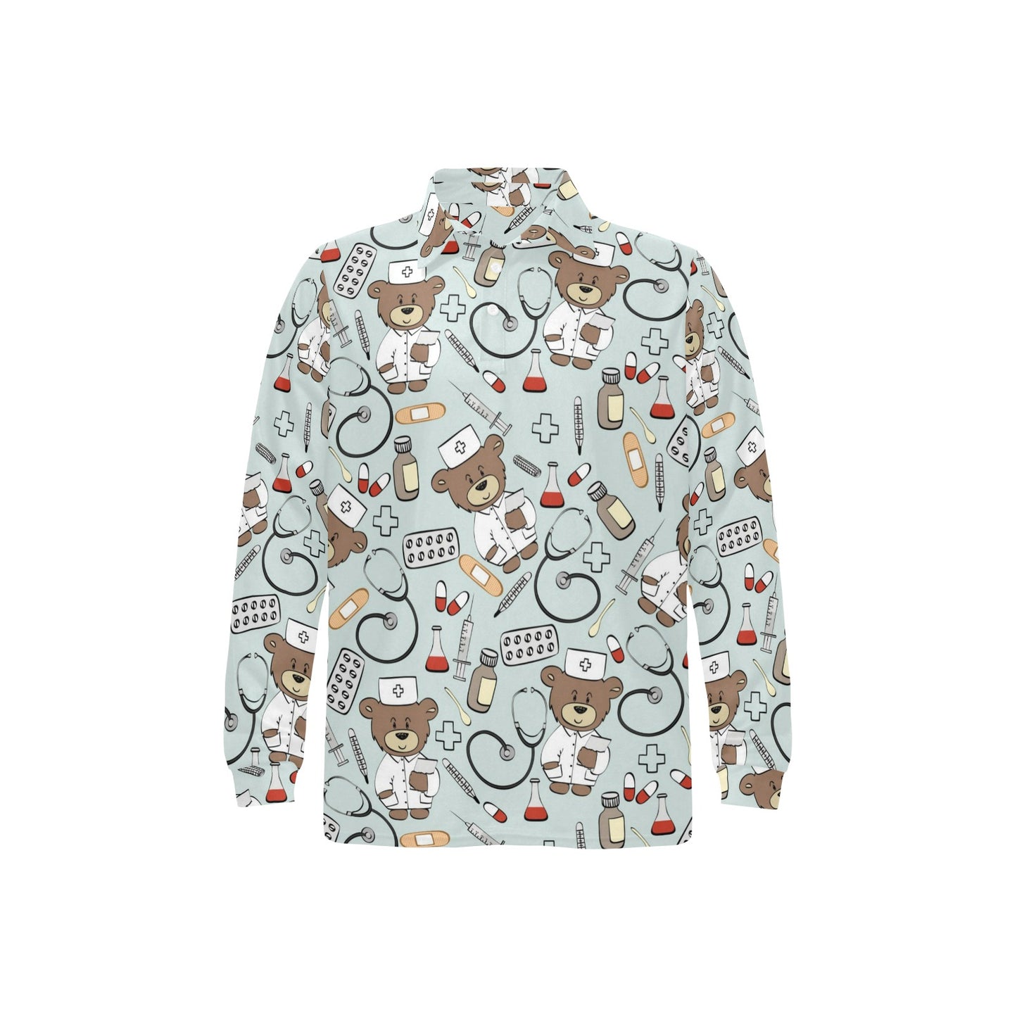Nurse Bear Pattern Print Design A01 Long Sleeve Polo Shirt For Men's