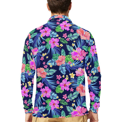 Neon Hibiscus Pattern Print Design HB016 Long Sleeve Polo Shirt For Men's