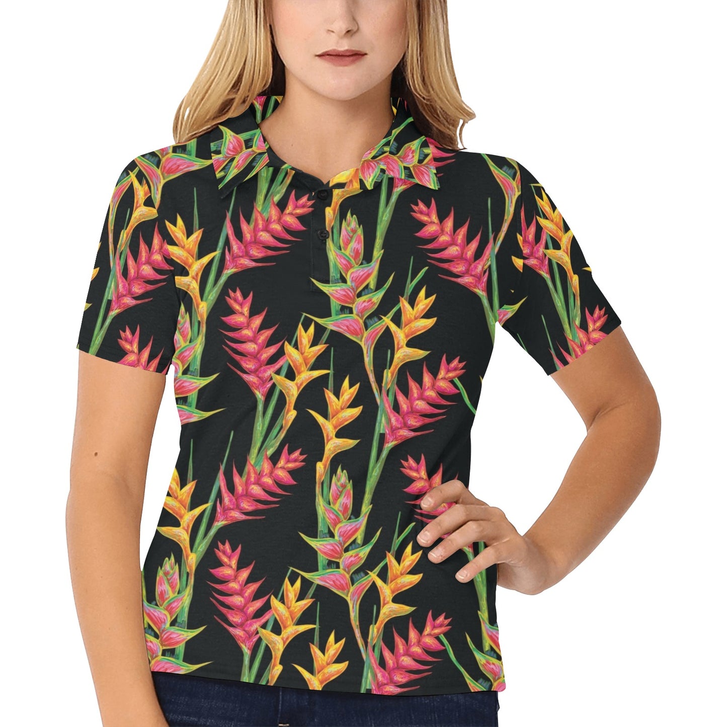 Heliconia Pattern Print Design HL01 Women's Polo Shirt