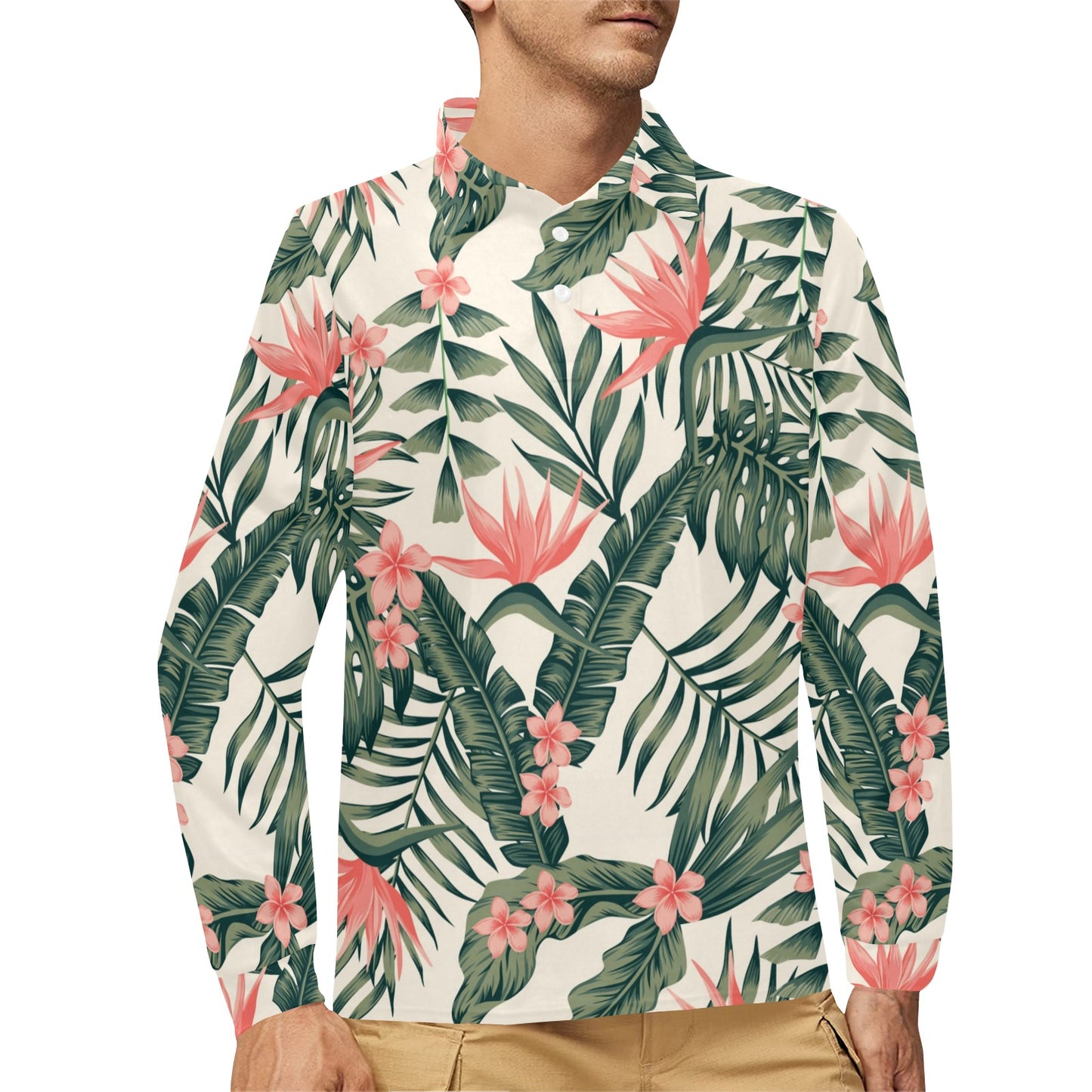 Tropical Flower Palm Leaves Long Sleeve Polo Shirt For Men's