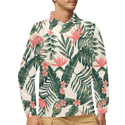 Tropical Flower Palm Leaves Long Sleeve Polo Shirt For Men's