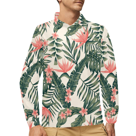 Tropical Flower Palm Leaves Long Sleeve Polo Shirt For Men's