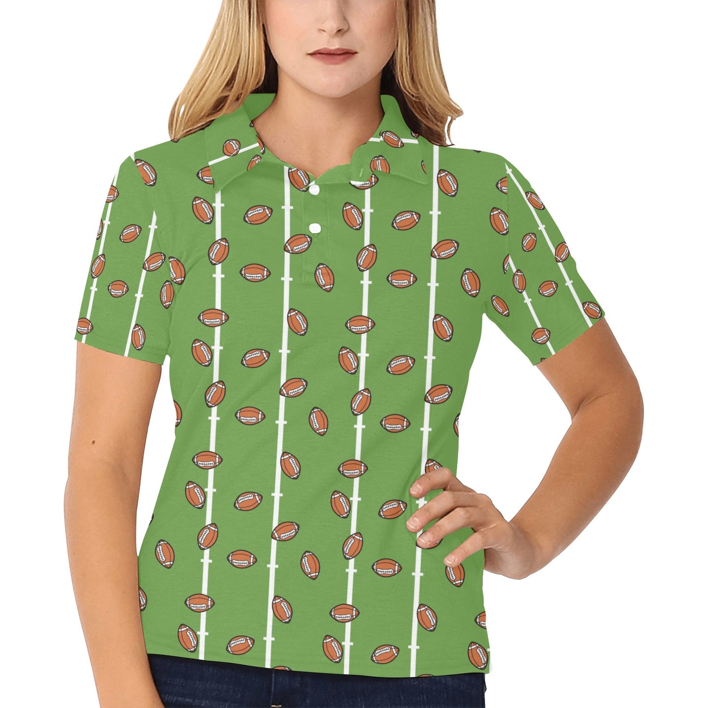 American Football on Field Themed Print Women's Polo Shirt