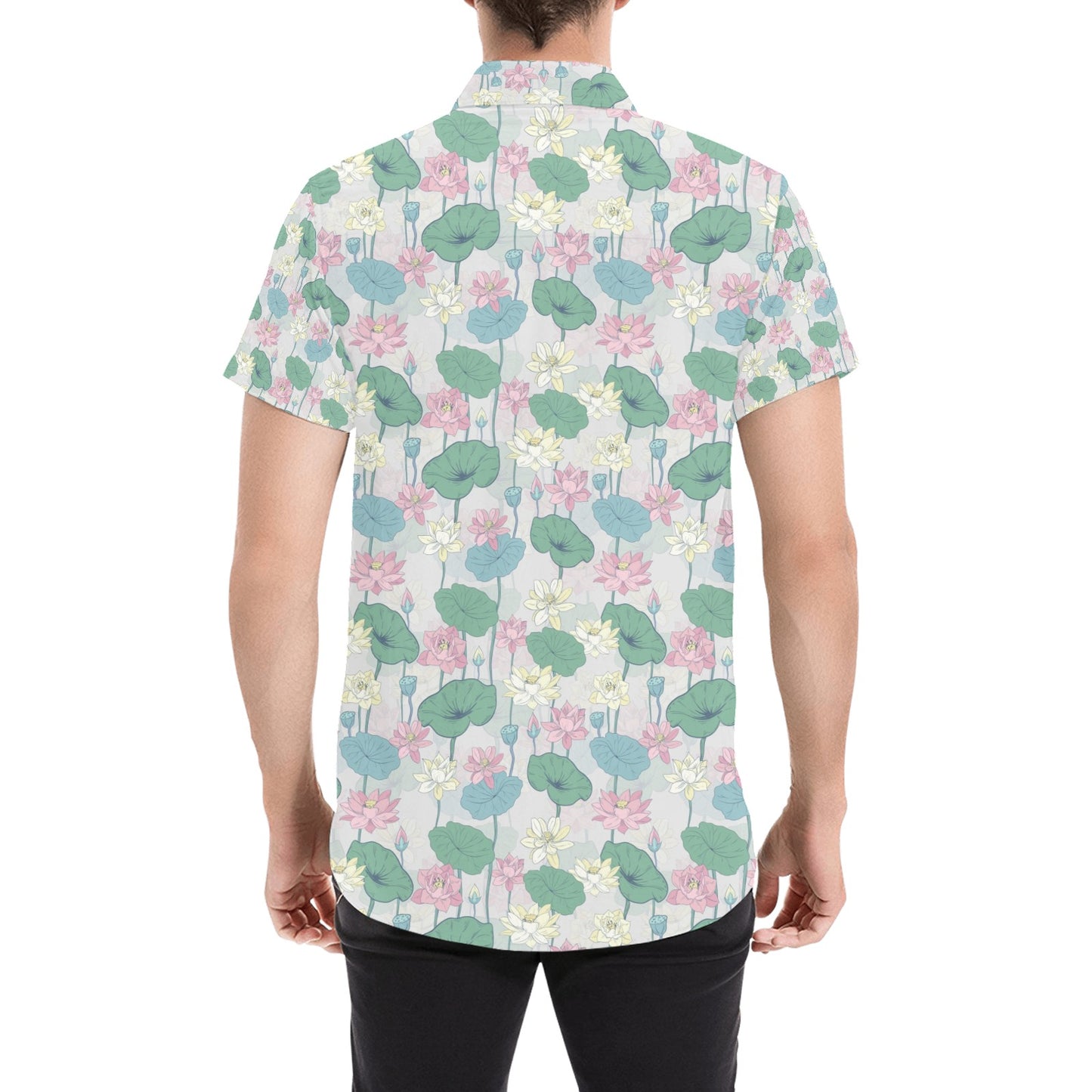 Water Lily Print Design LKS305 Men Short Sleeve Button Up Shirt