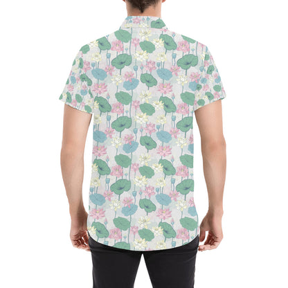 Water Lily Print Design LKS305 Men Short Sleeve Button Up Shirt