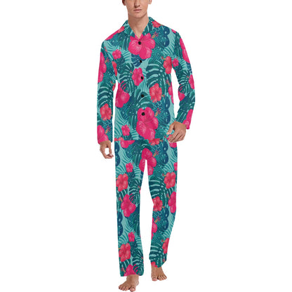 Red Hibiscus Pattern Print Design HB017 Men's Long Pajama Set