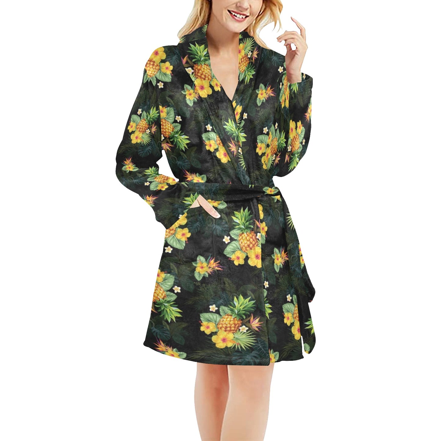 Pineapple Tropical Flower Print Pattern Women's Fleece Robe