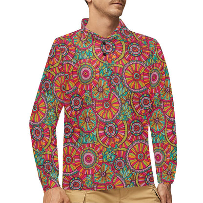 Boho Pattern Print Design 01 Long Sleeve Polo Shirt For Men's
