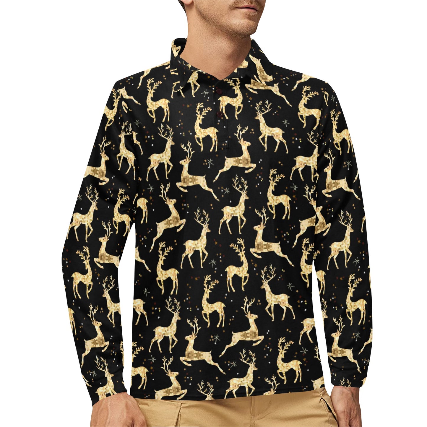 Deer Gold Pattern Long Sleeve Polo Shirt For Men's
