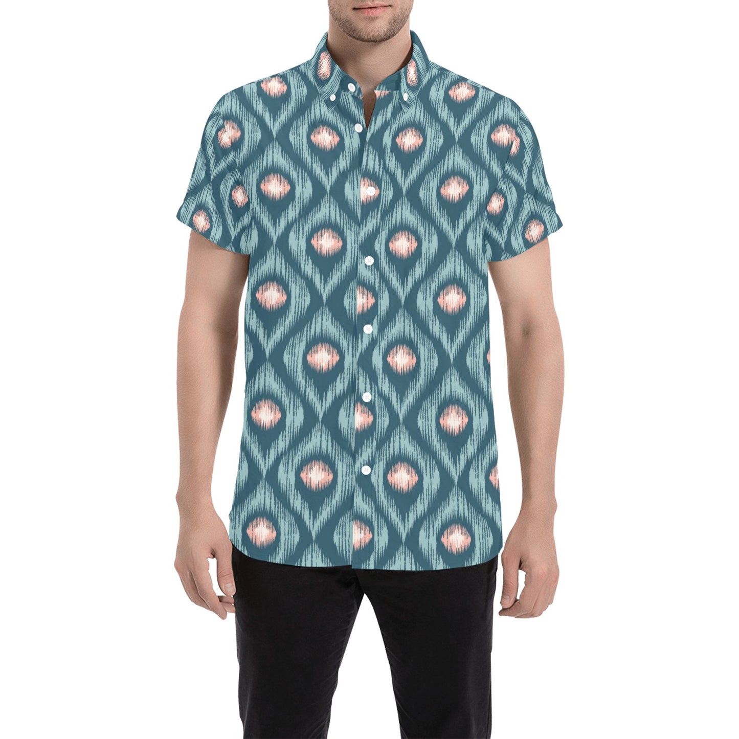 Ikat Print Design LKS402 Men Short Sleeve Button Up Shirt