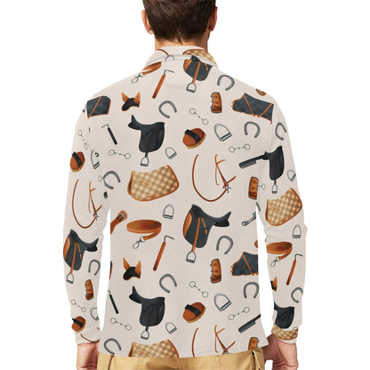 Equestrian Equipment Print Pattern Long Sleeve Polo Shirt For Men's