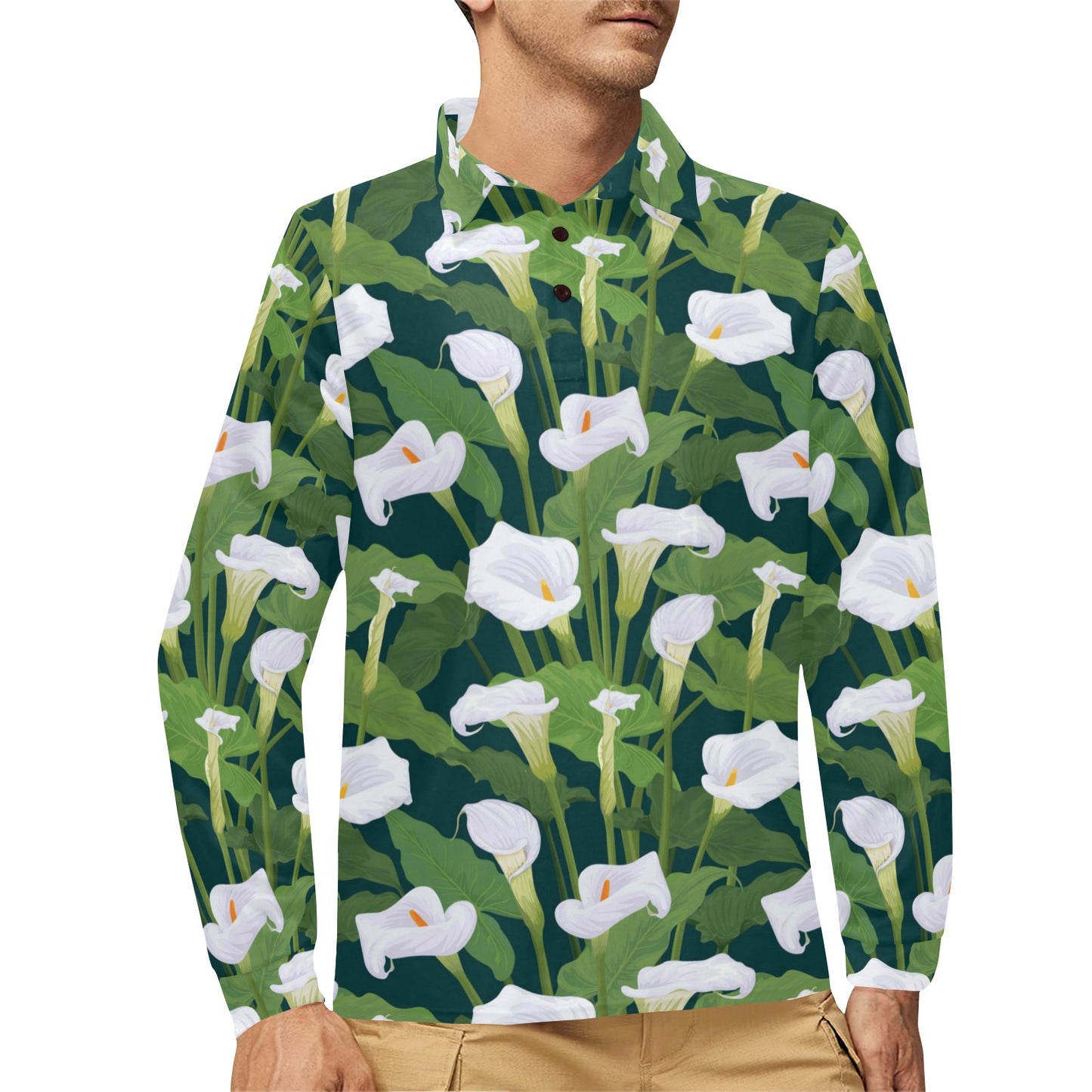 Lily Pattern Print Design 04 Long Sleeve Polo Shirt For Men's