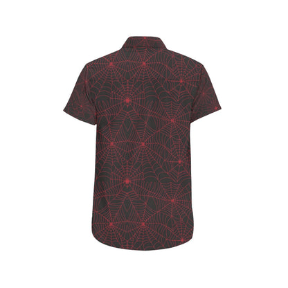 Spider Web Red Print Design LKS302 Men Short Sleeve Button Up Shirt