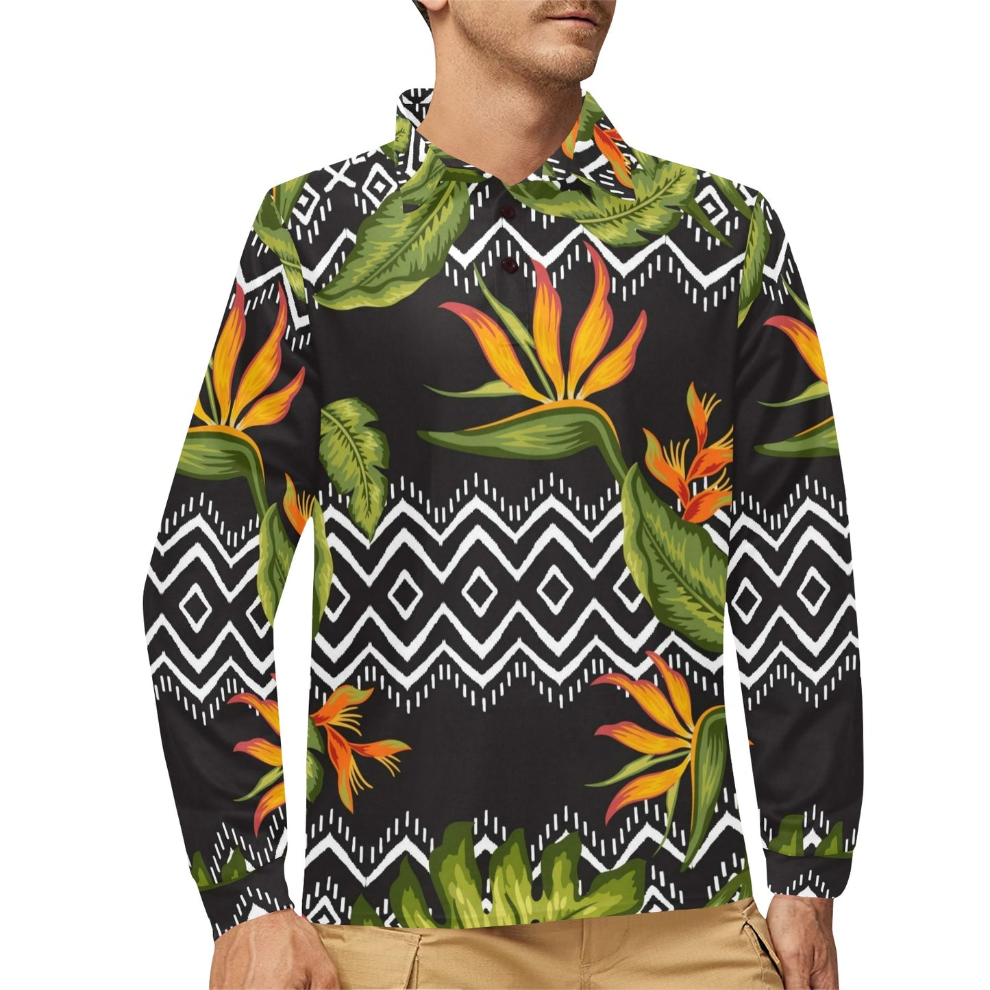 Bird Of Paradise Pattern Print Design BOP07 Long Sleeve Polo Shirt For Men's