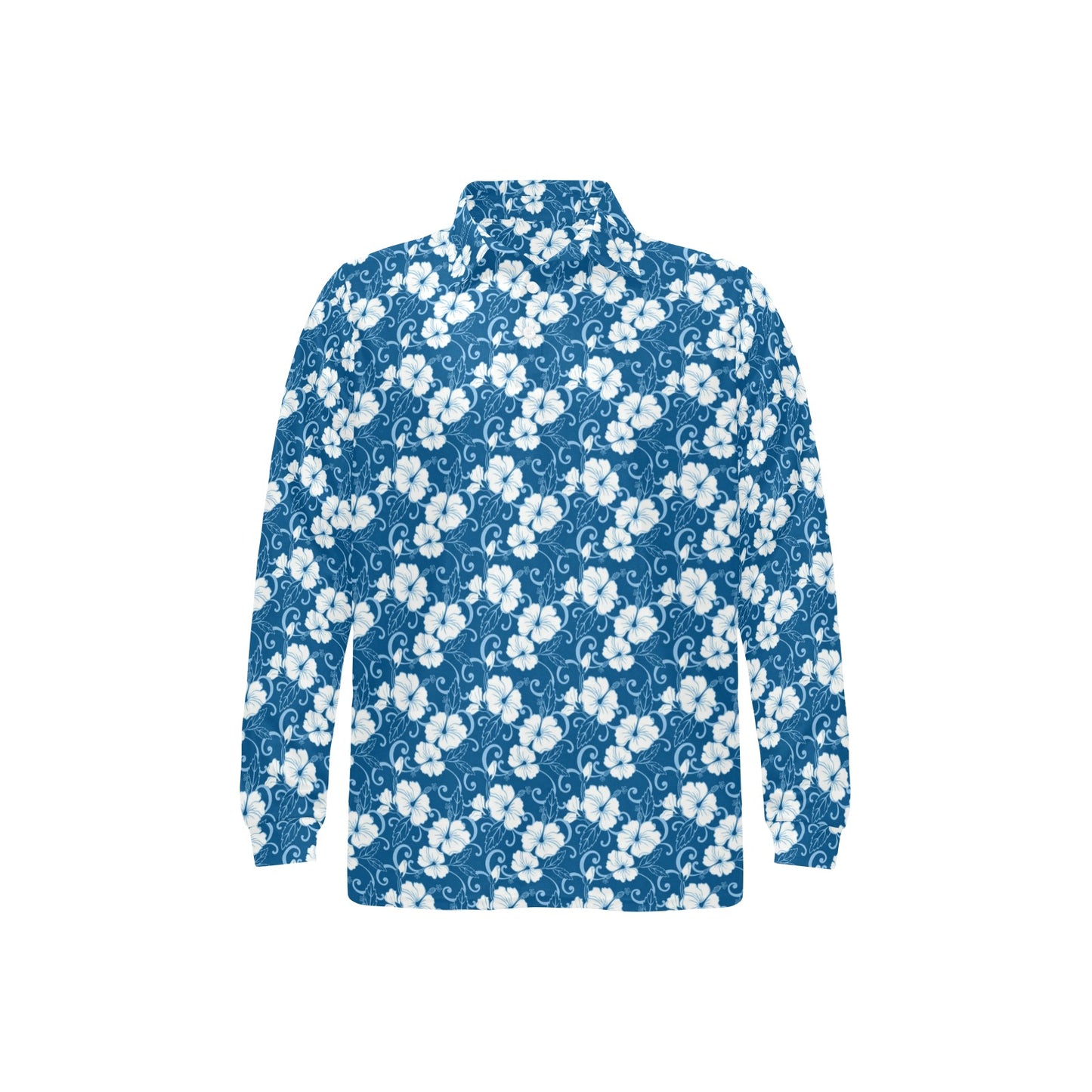 Hibiscus Blue Flower Hawaiian Print Long Sleeve Polo Shirt For Men's