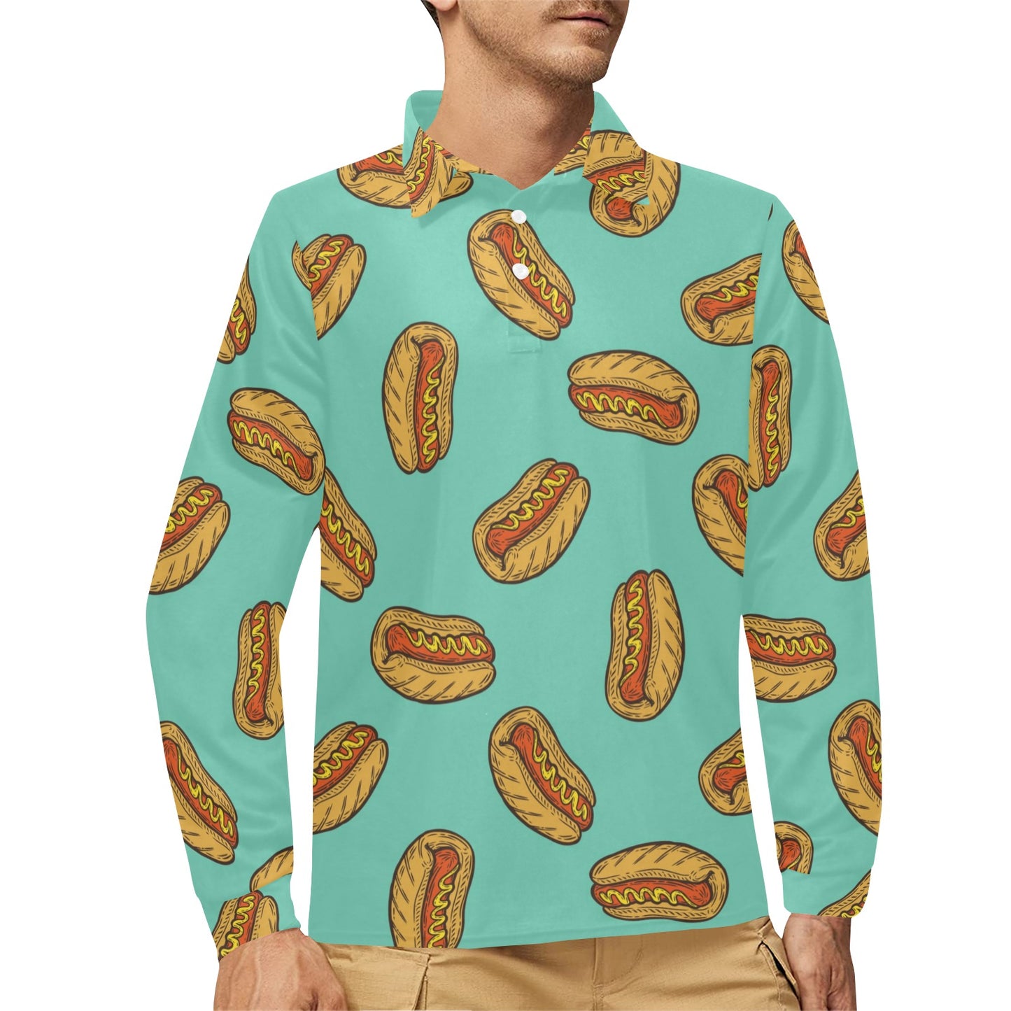 Hot Dog Pattern Print Design 04 Long Sleeve Polo Shirt For Men's