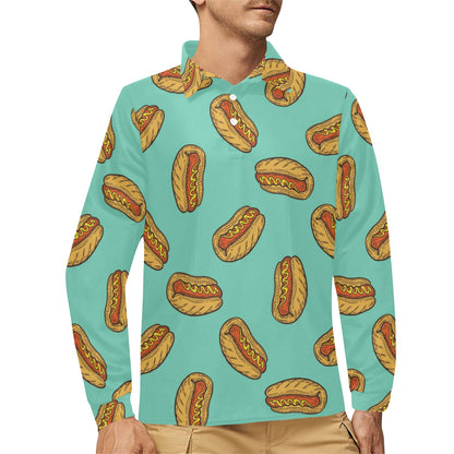 Hot Dog Pattern Print Design 04 Long Sleeve Polo Shirt For Men's
